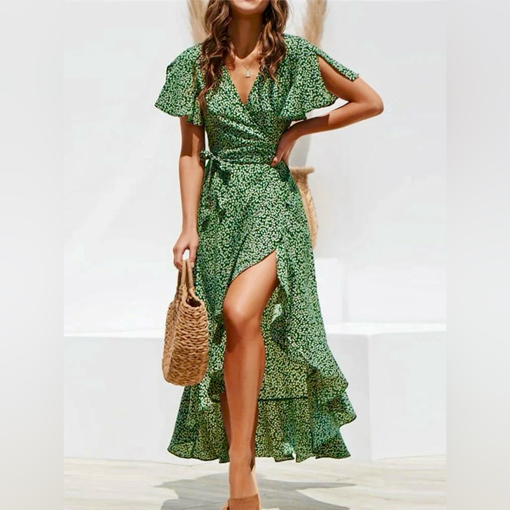 S Green Dot Wrap ruffled Dress